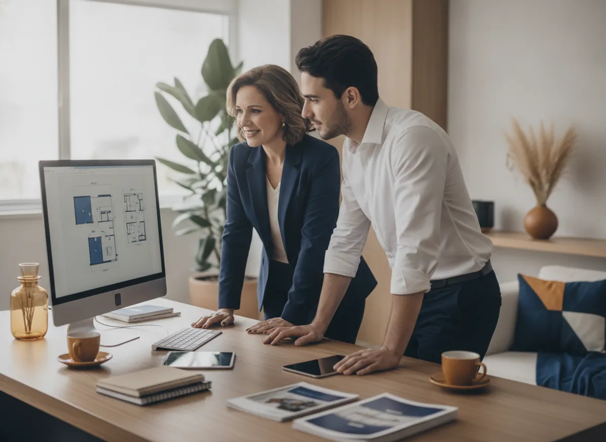 Equipe de imobiliária analisando propostas em um escritório moderno