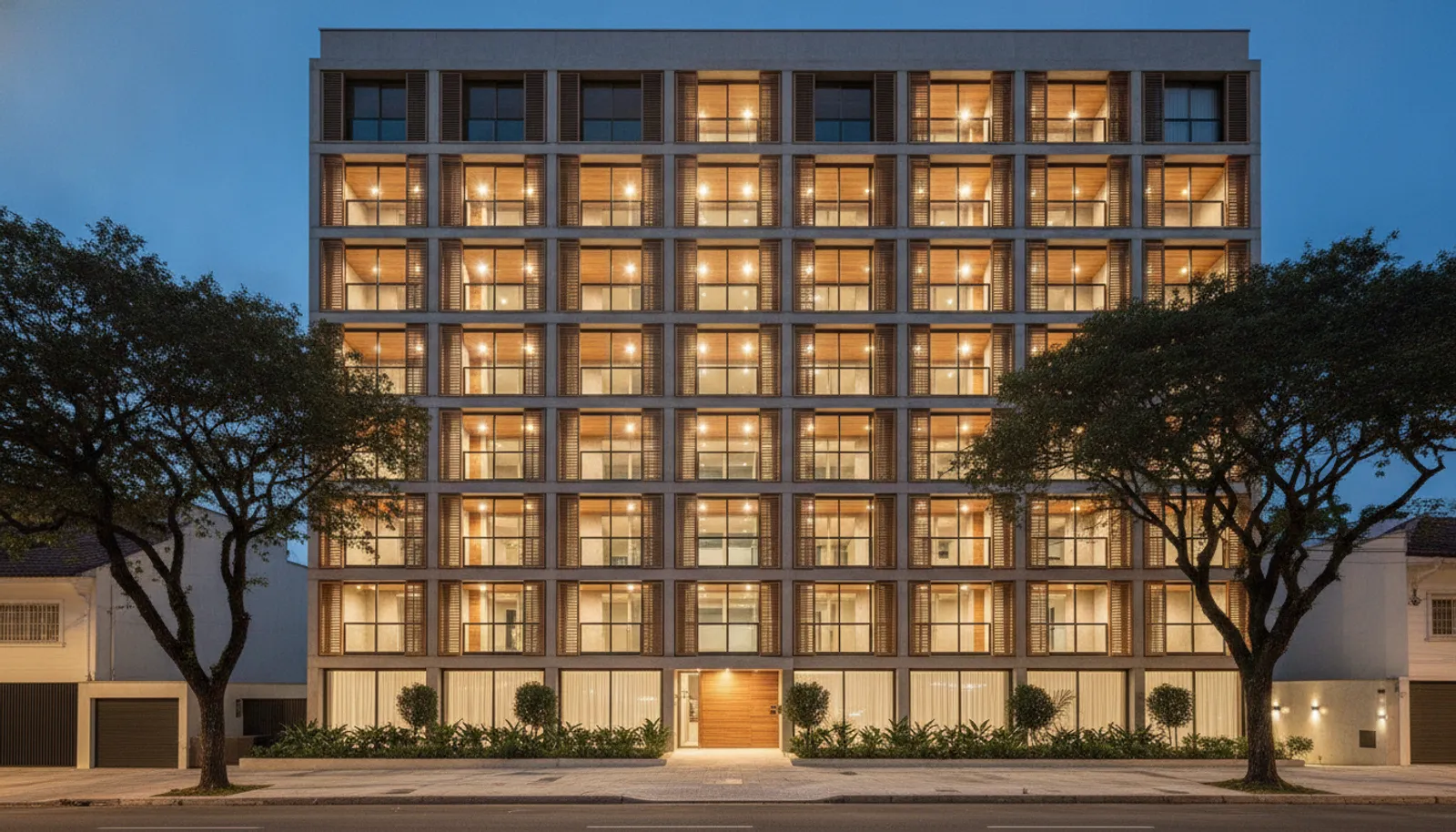 Edifício residencial moderno ao entardecer com janelas iluminadas